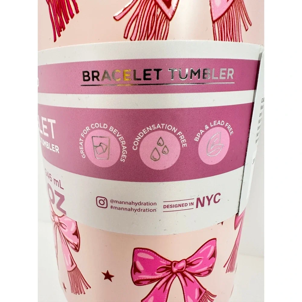 Manna Bracelet Tumbler Women 32oz‎ Pink NEW 3D Bow Stainless Steel Straw Handle